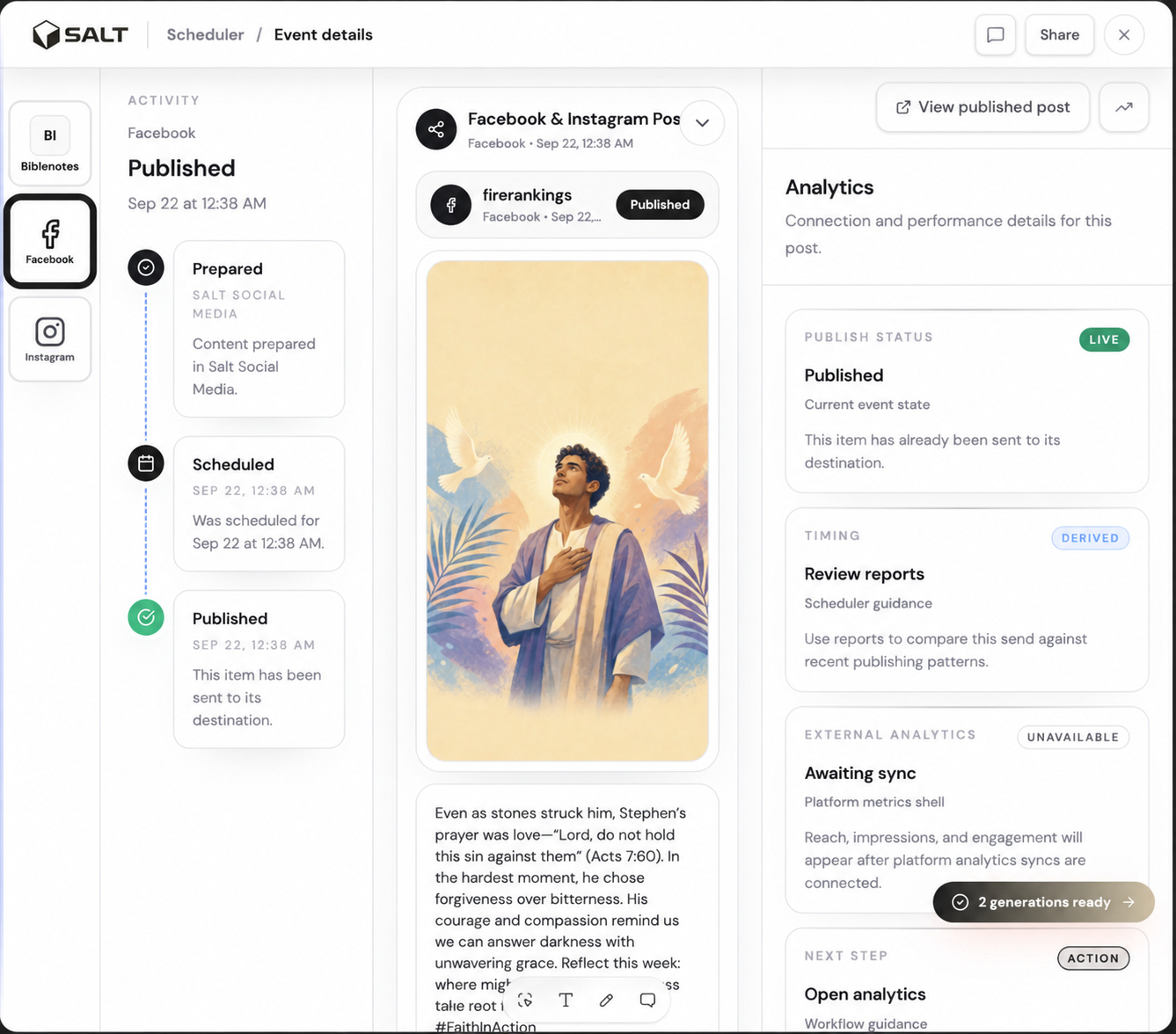 The Social Scheduler event details showing a published Facebook post, its activity timeline, and analytics availability