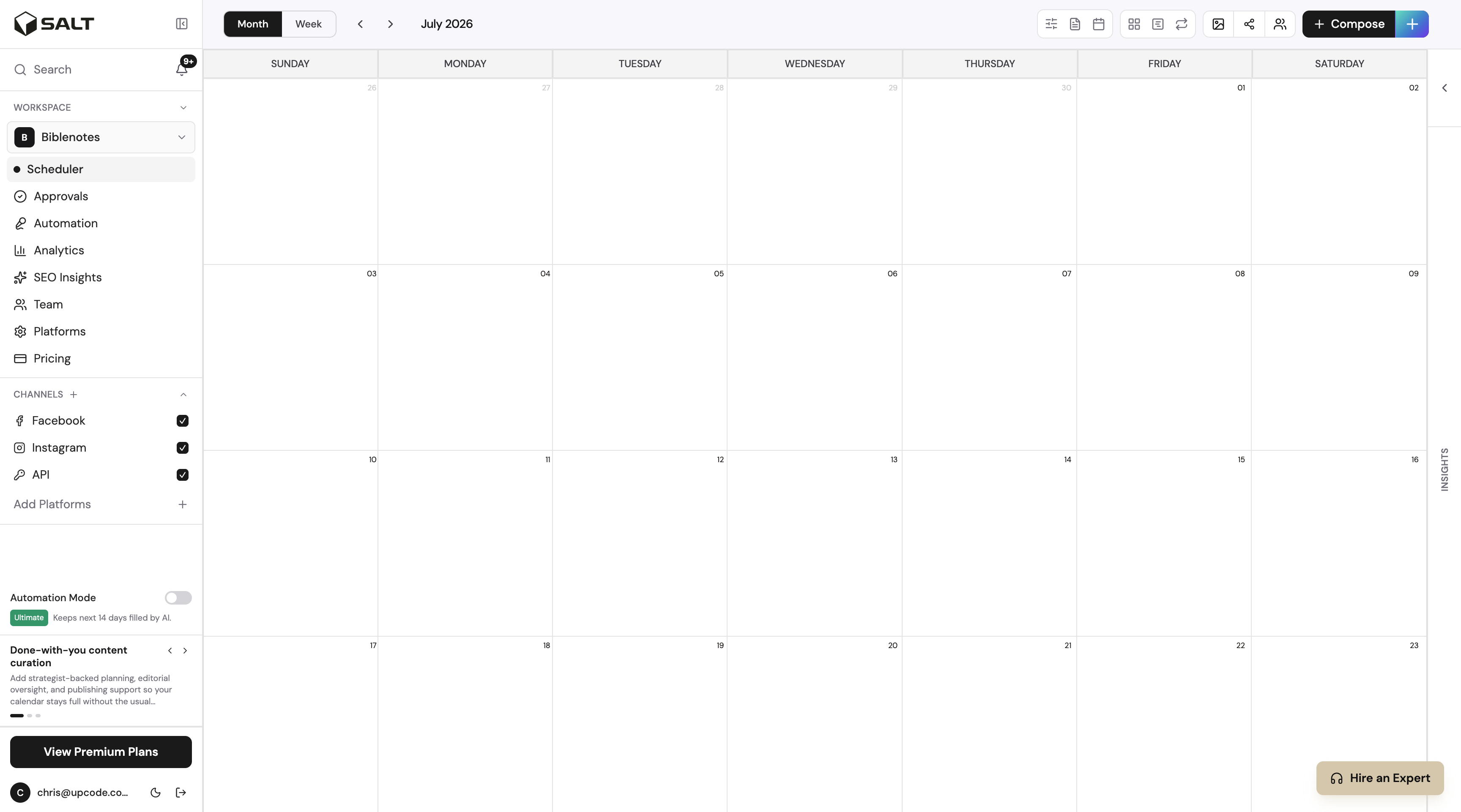 The Social Scheduler calendar with content previews, posting times, and publishing status
