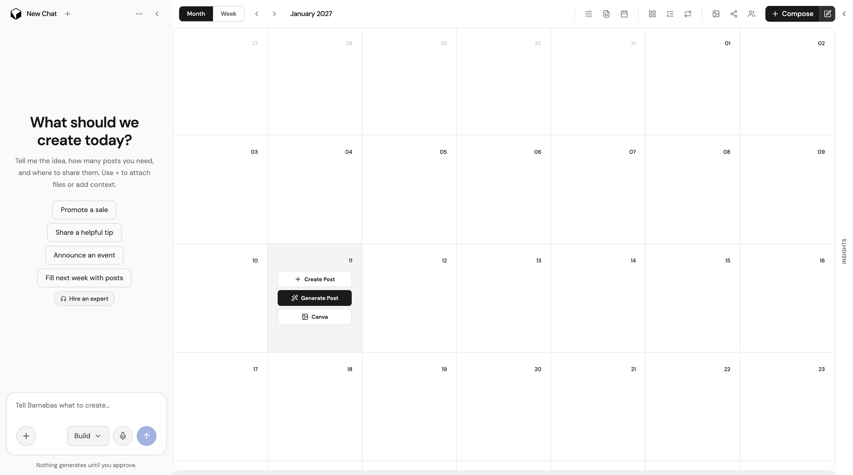 The Social Scheduler app showing Barnabas's content planning chat beside the scheduling calendar